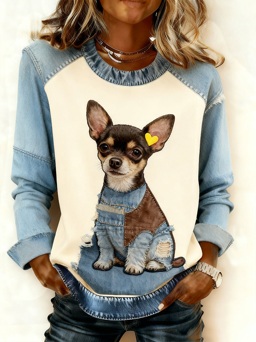 Vintage Denim Patchwork Top feminino com Animal Art Print, casual e confortável