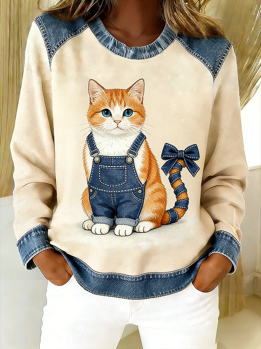 Vintage Denim Patchwork Top feminino com Animal Art Print, casual e confortável