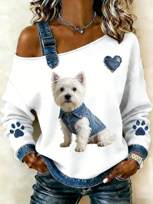 Animal bonito impressão Denim Patchwork Top confortável das mulheres
