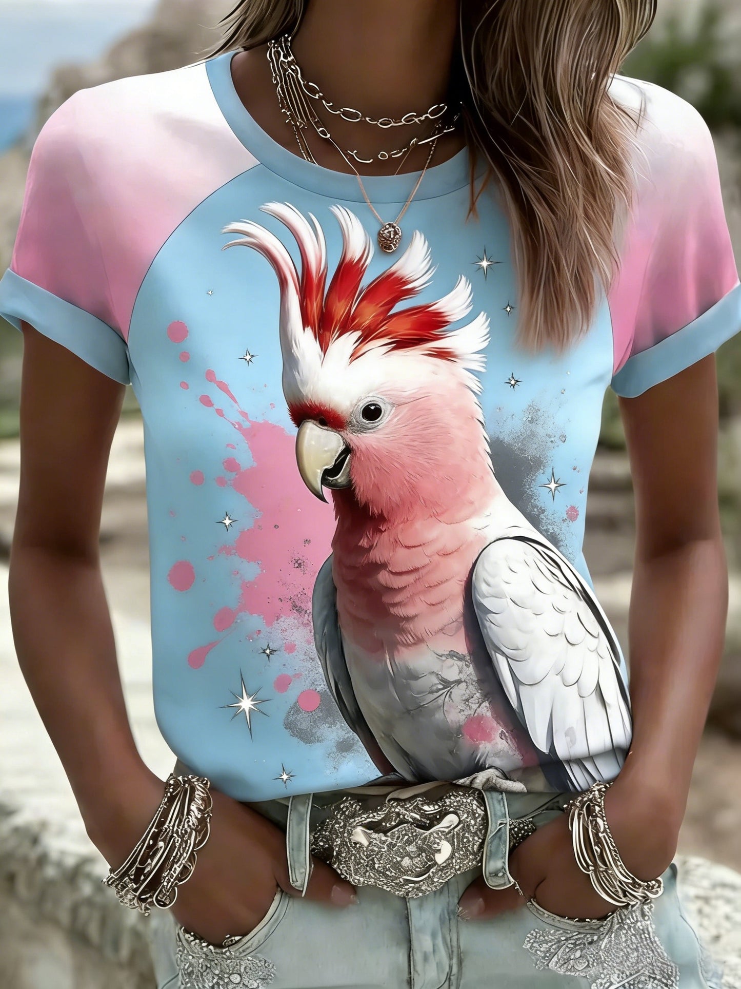 Aussie Vintage bonito cacatua rosa camiseta de manga curta confortável Casual feminino