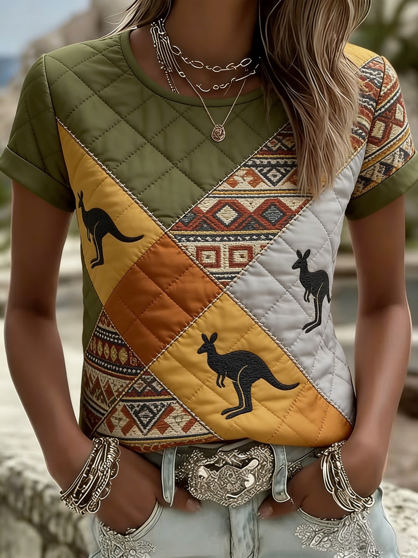 Ponto retro arte canguru patchwork casual confortável camiseta de manga curta feminino