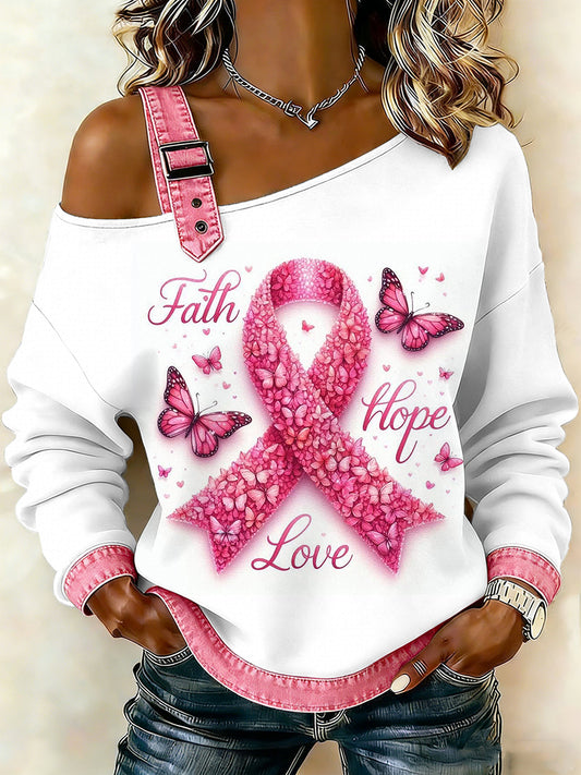 Câncer de mama feminino impresso um ombro Suspender Casual Sweater