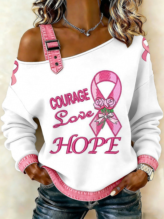 Câncer de mama feminino impresso um ombro Suspender Casual Sweater