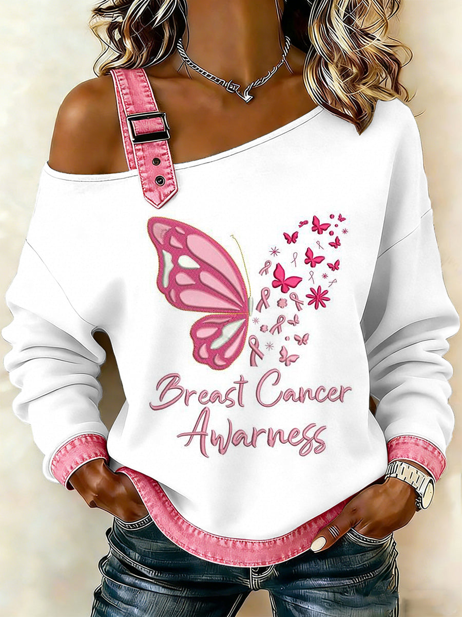 Câncer de mama feminino impresso um ombro Suspender Casual Sweater