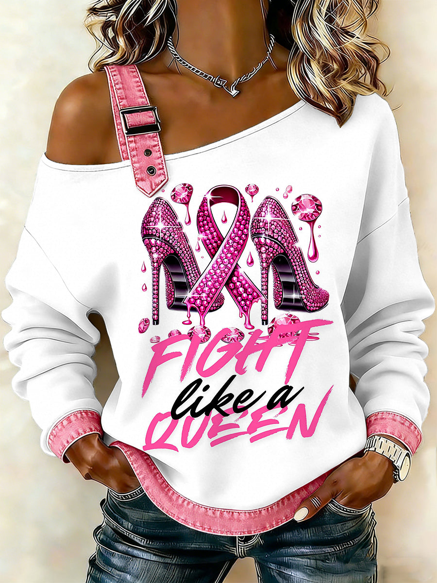 Câncer de mama feminino impresso um ombro Suspender Casual Sweater