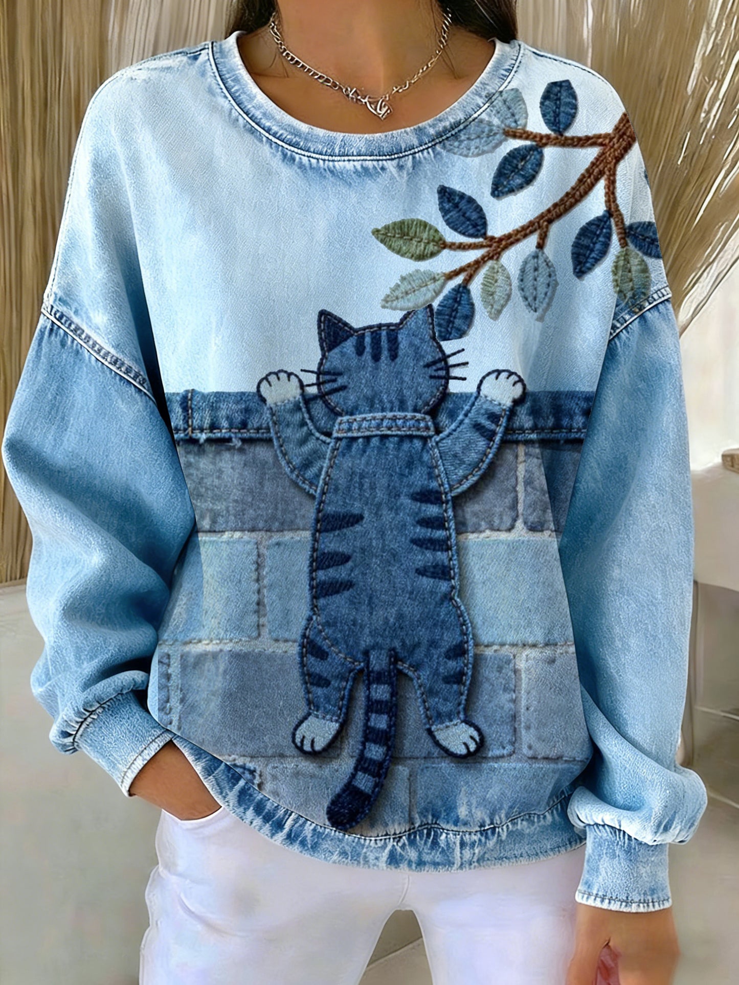 Camisola Denim Animal Print das mulheres