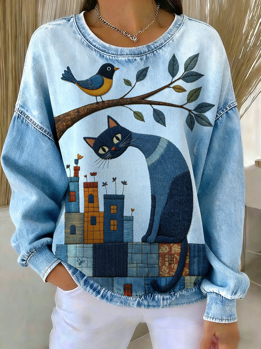 Camisola Denim Animal Print das mulheres