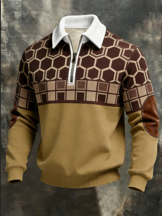 Quente Tan hexágono-grade couro-sotaque quarter-zip moletom dos homens