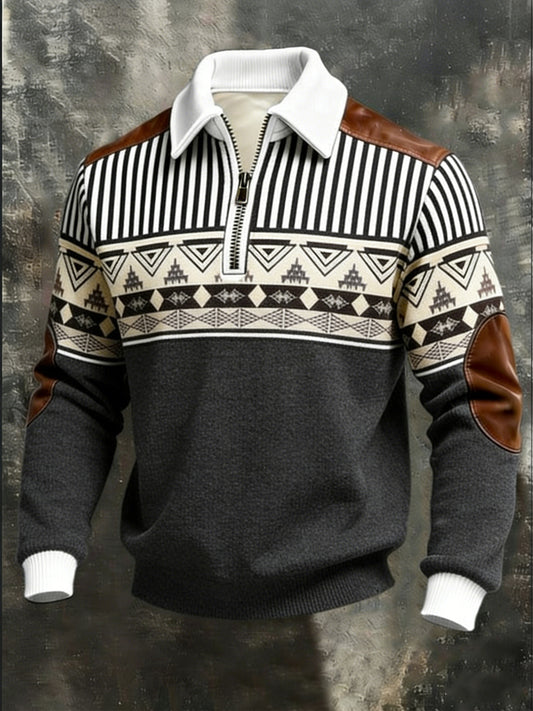 Elegante camisola preto-branco listrado Tribal Quarter-Zip dos homens