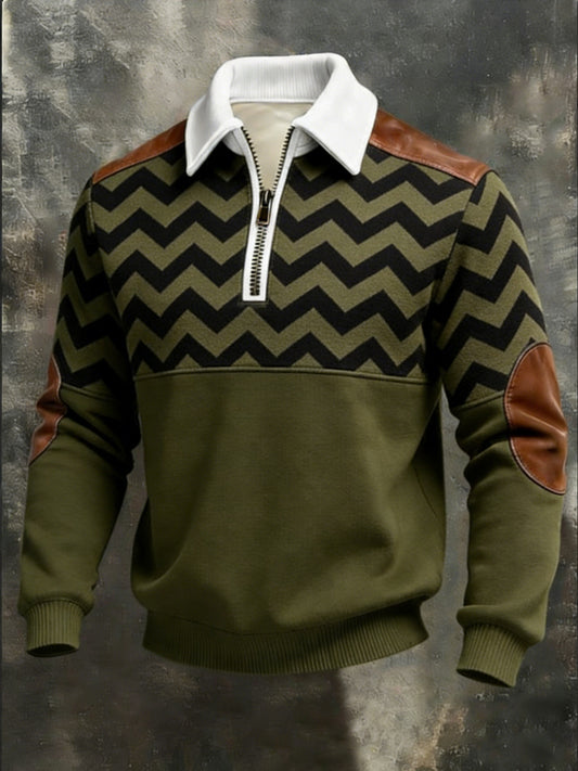 Bold Olive Chevron padrão couro-sotaque quarto-zip moletom do homens ﻿