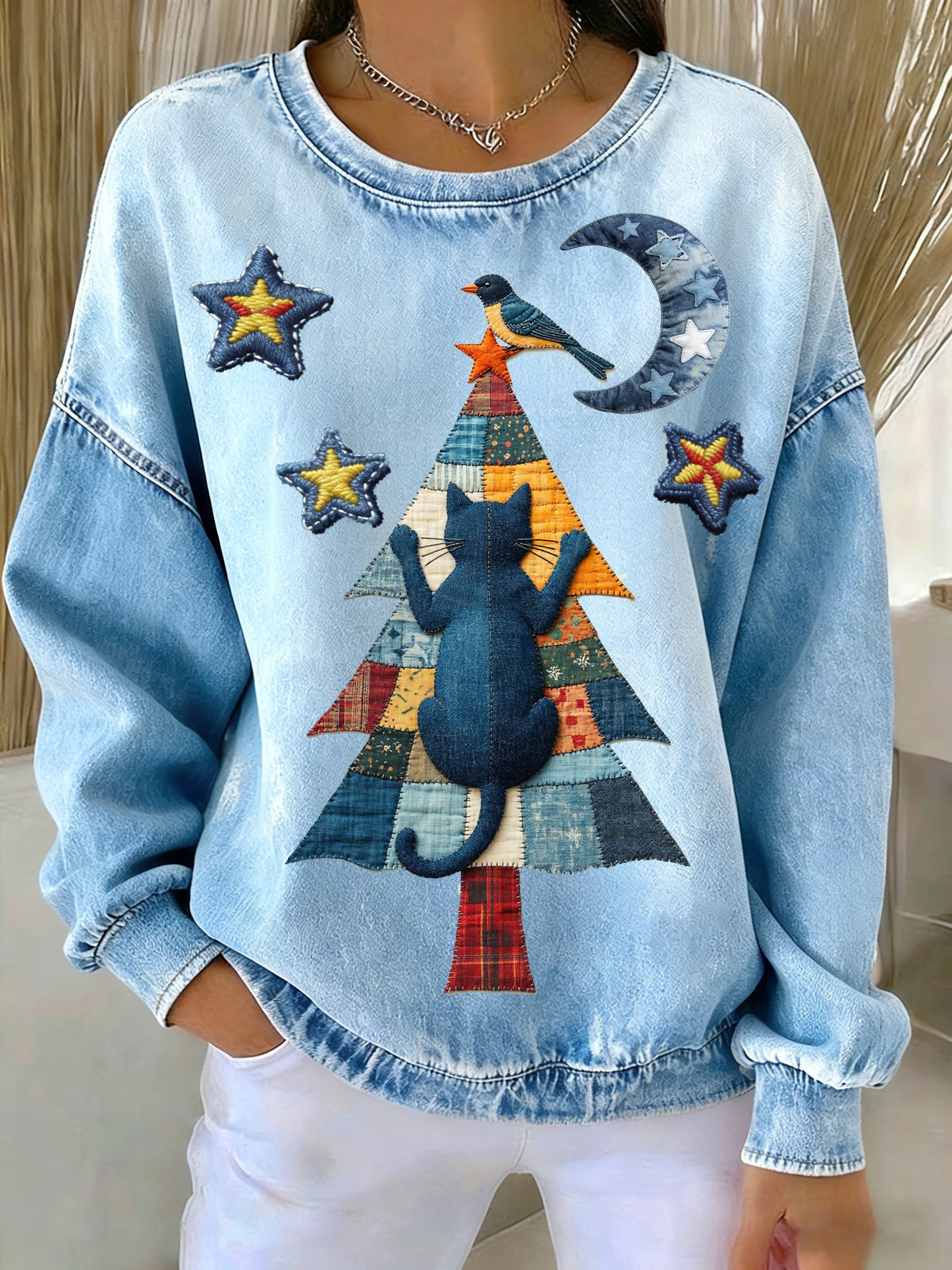 Camisola Denim Animal Print das mulheres