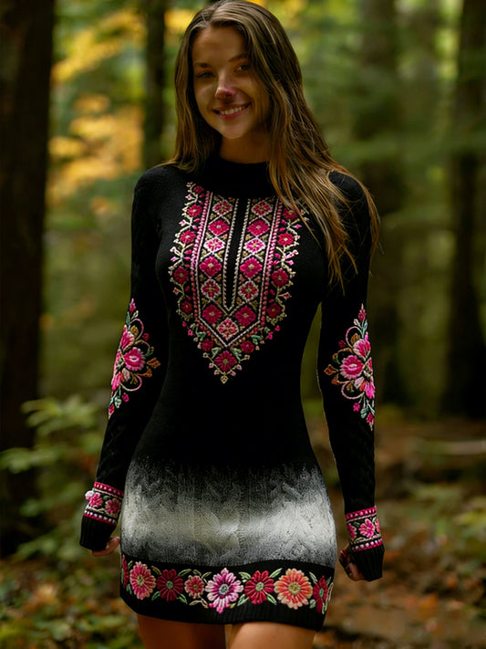 Estilo étnico Vintage impressão Floral feminino de malha vestido confortável e elegante