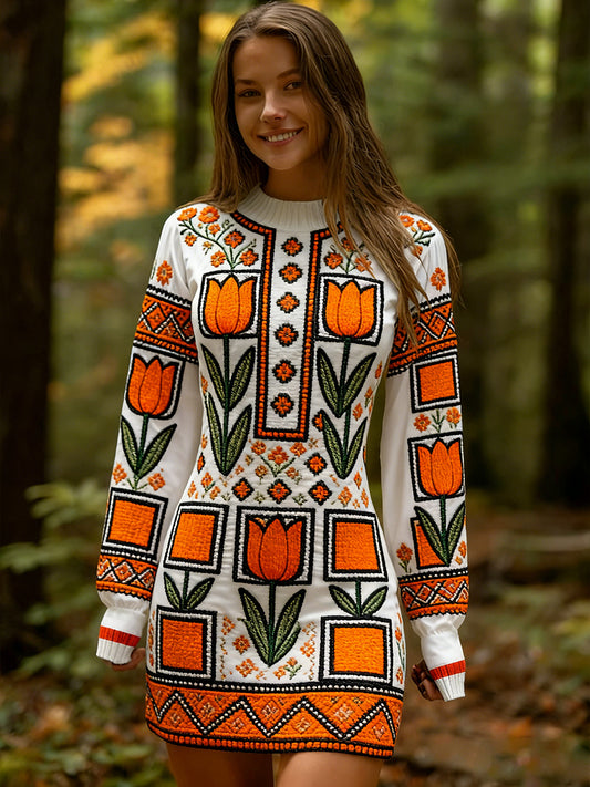 Estilo étnico Vintage impressão Floral feminino de malha vestido confortável e elegante