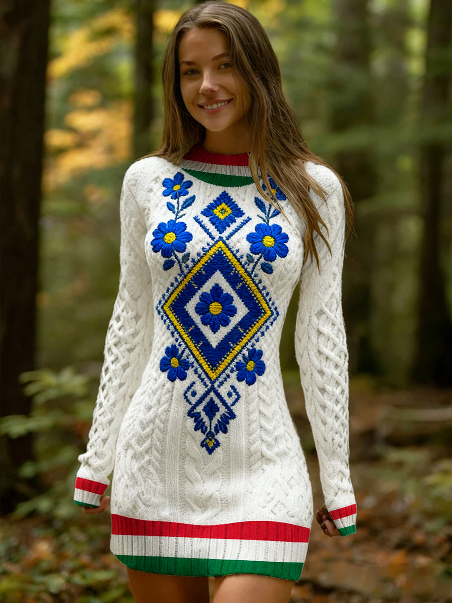 Estilo étnico Vintage impressão Floral feminino de malha vestido confortável e elegante