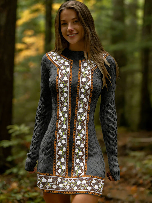 Estilo étnico Vintage impressão Floral feminino de malha vestido confortável e elegante