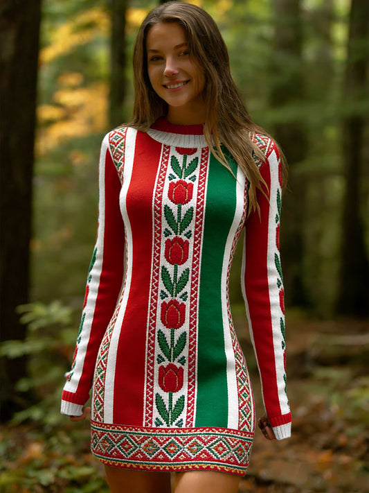 Estilo étnico Vintage impressão Floral feminino de malha vestido confortável e elegante