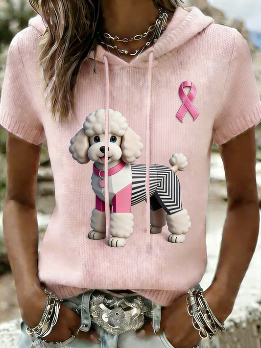 Consciência do cancro da mama do cão bonito retro T-shirt capuz Casual feminino