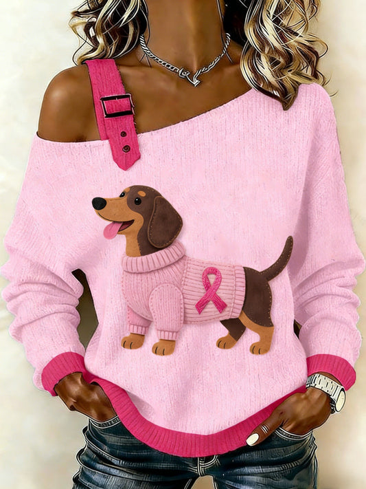 Retro Dachshund câncer de mama consciência feminino Casual Knit Top
