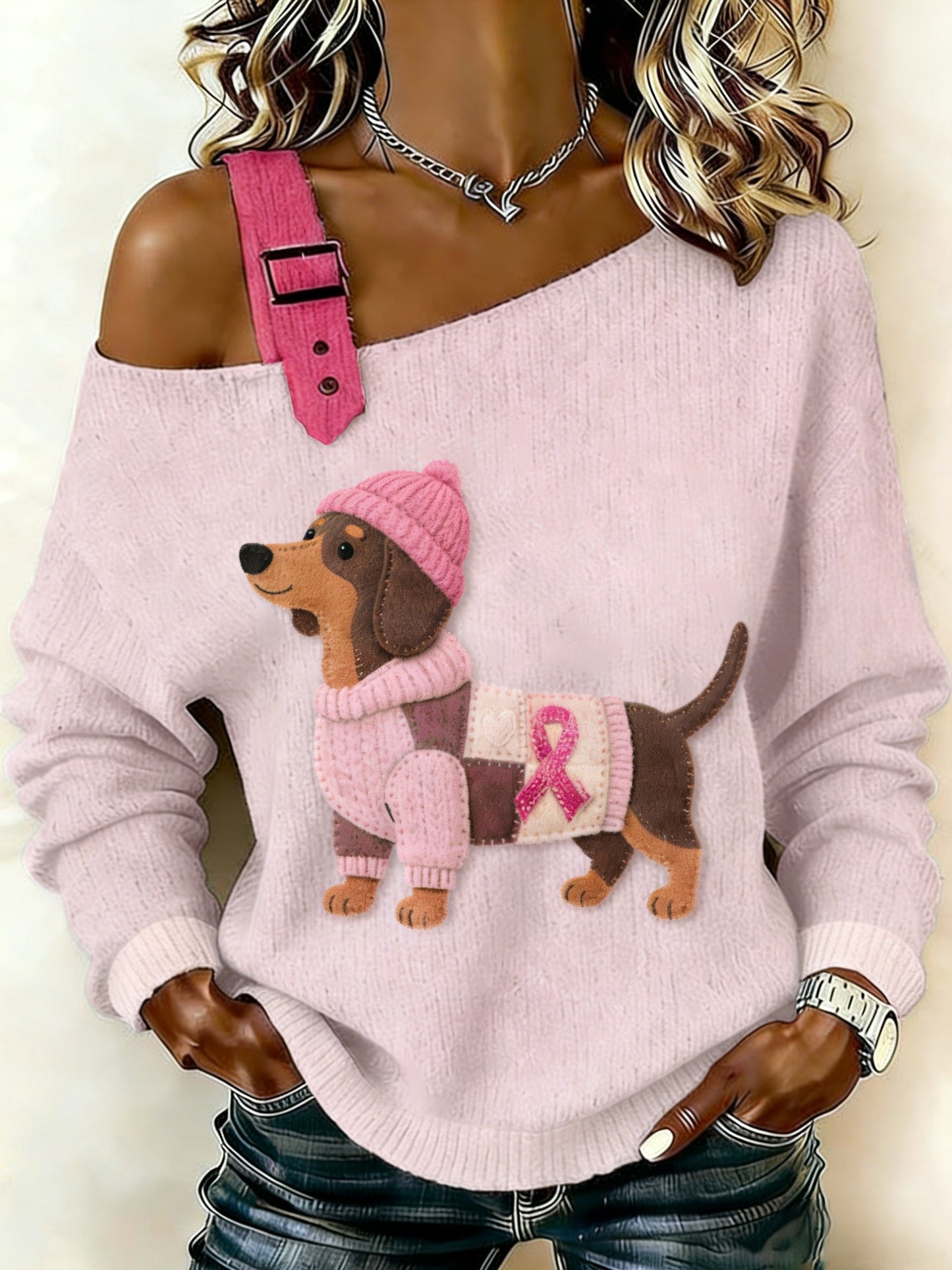 Retro Dachshund câncer de mama consciência feminino Casual Knit Top