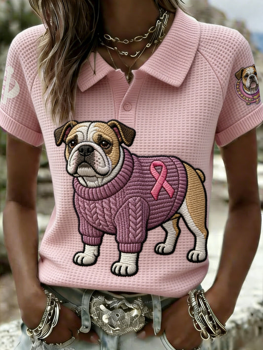 Consciência do câncer de mama Retro bonito Bulldog feminino Casual Polo T-Shirt
