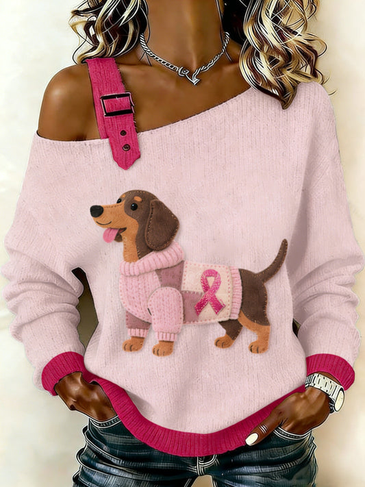 Retro Dachshund câncer de mama consciência feminino Casual Knit Top