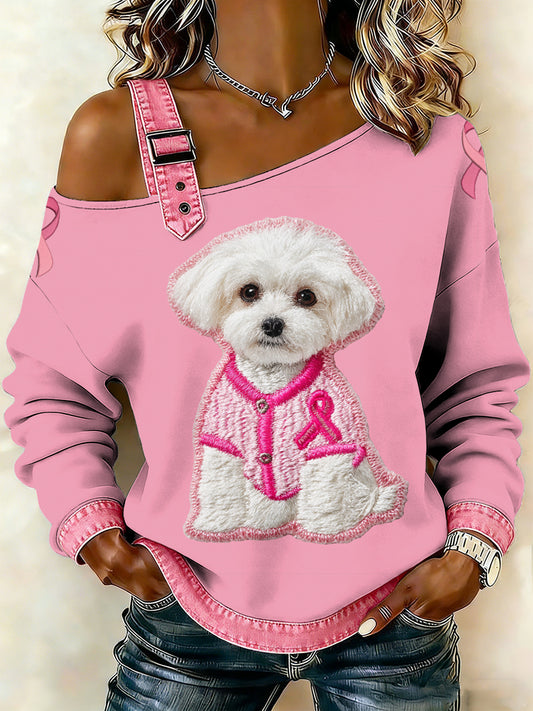 Câncer de mama feminino impresso um ombro Suspender Casual Sweater