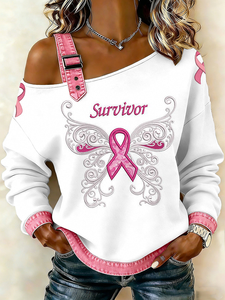 Câncer de mama feminino impresso um ombro Suspender Casual Sweater