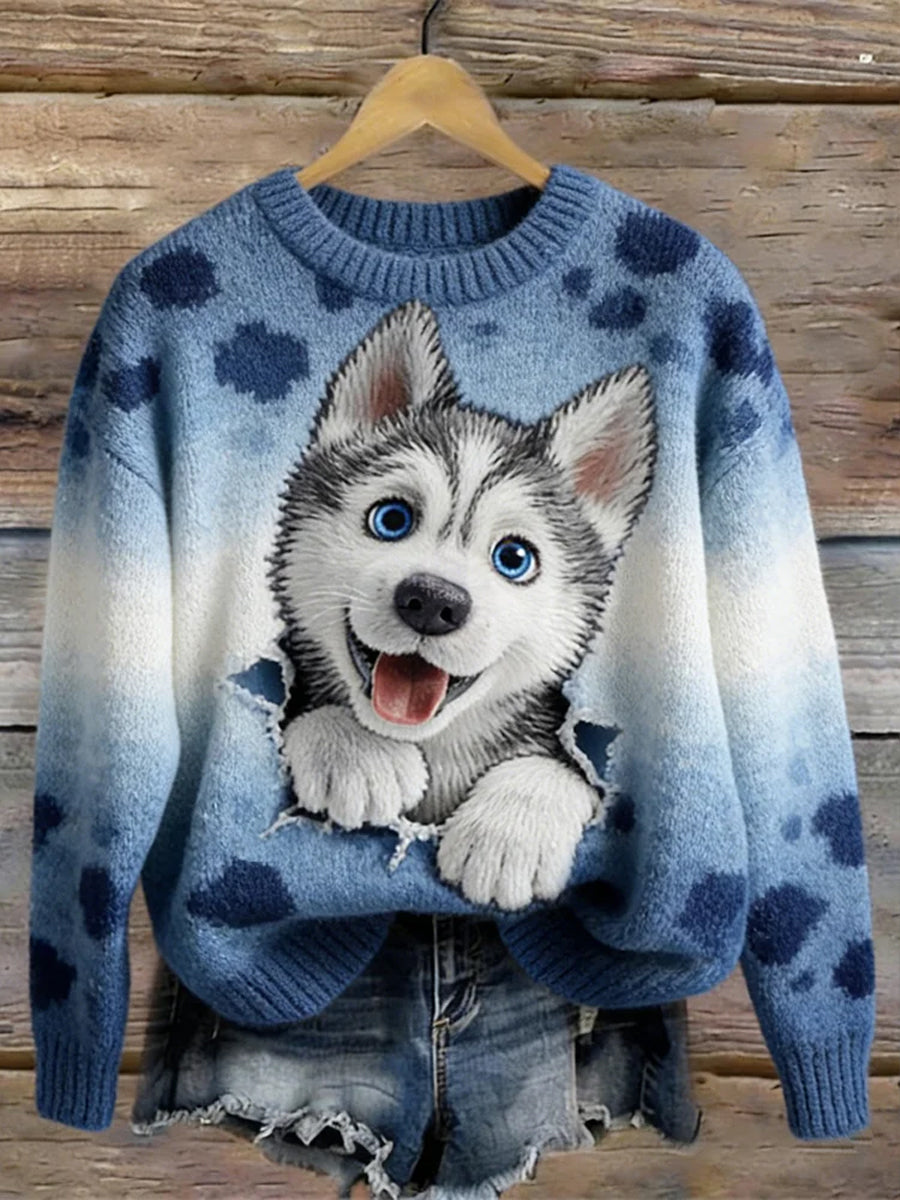 Camisola aconchegante gradiente divertido cão Husky padrão das mulheres