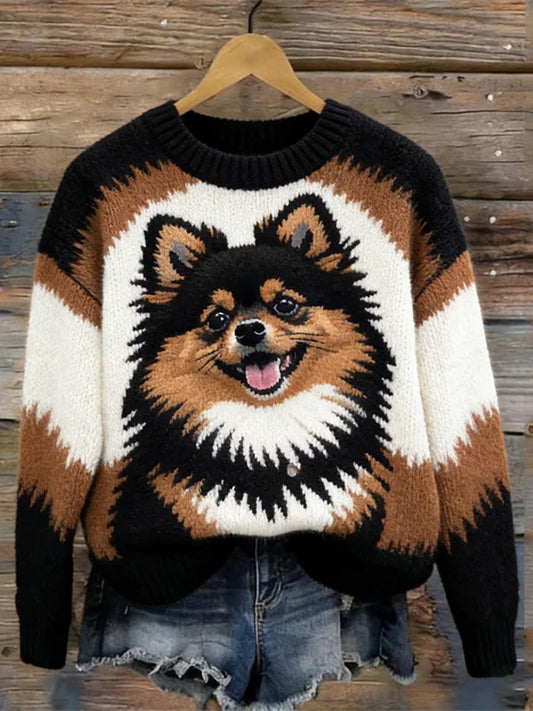Adorável cão Pom contraste cor camisola aconchegante das mulheres