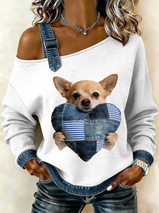 Cão Vintage Patchwork impressão Casual Off-ombro moletom feminino