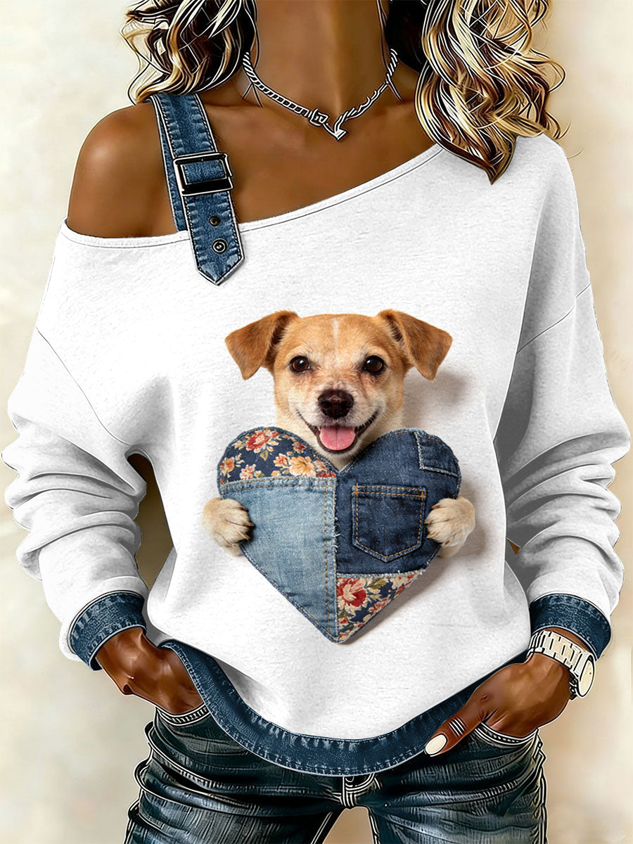 Cão Vintage Patchwork impressão Casual Off-ombro moletom feminino