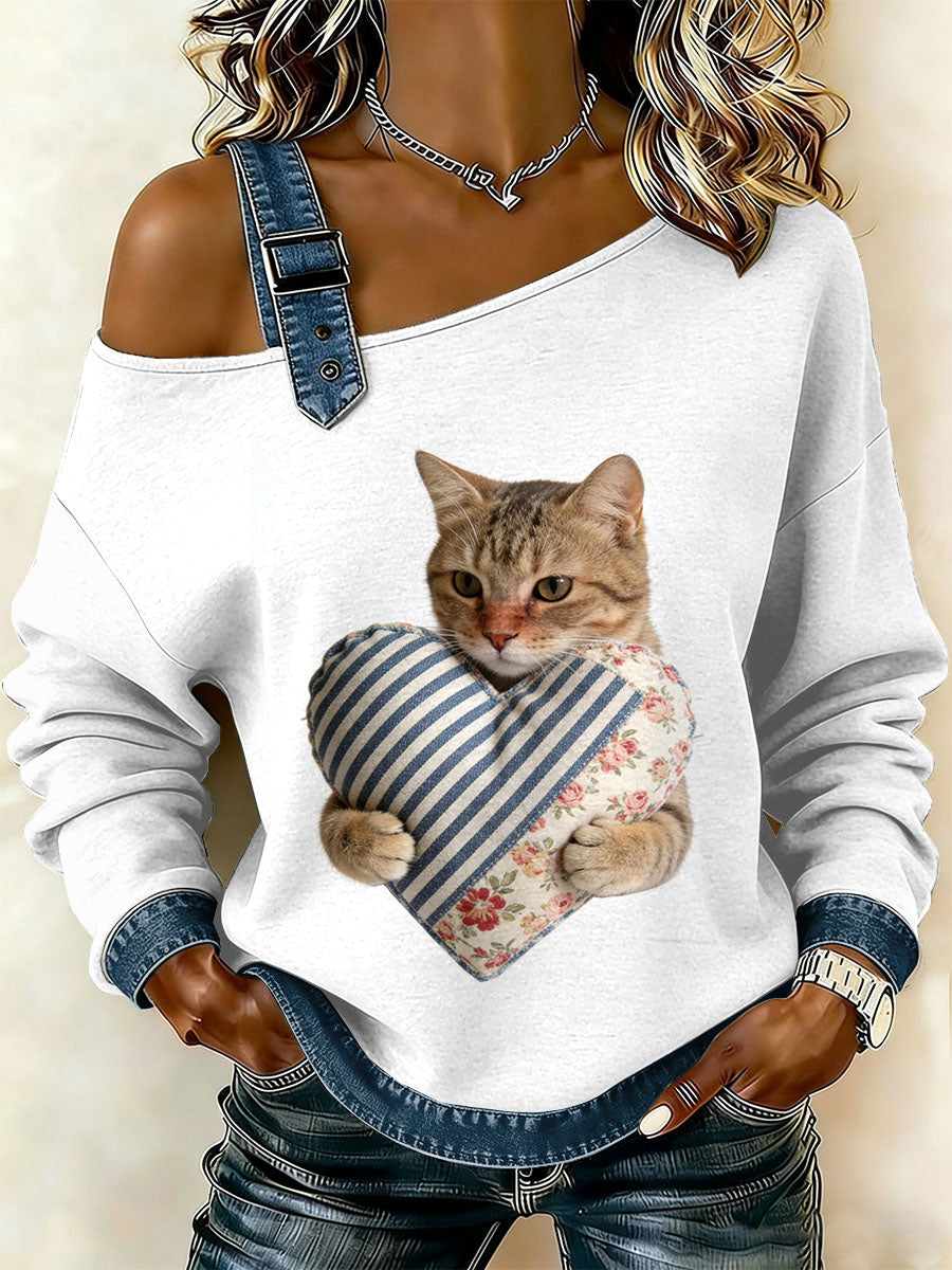 Gato Vintage Patchwork impressão Casual Off-ombro moletom feminino