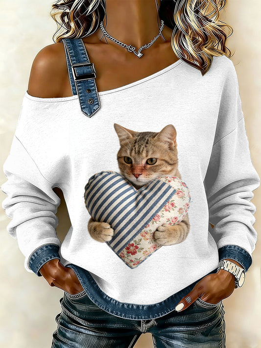 Gato Vintage Patchwork impressão Casual Off-ombro moletom feminino