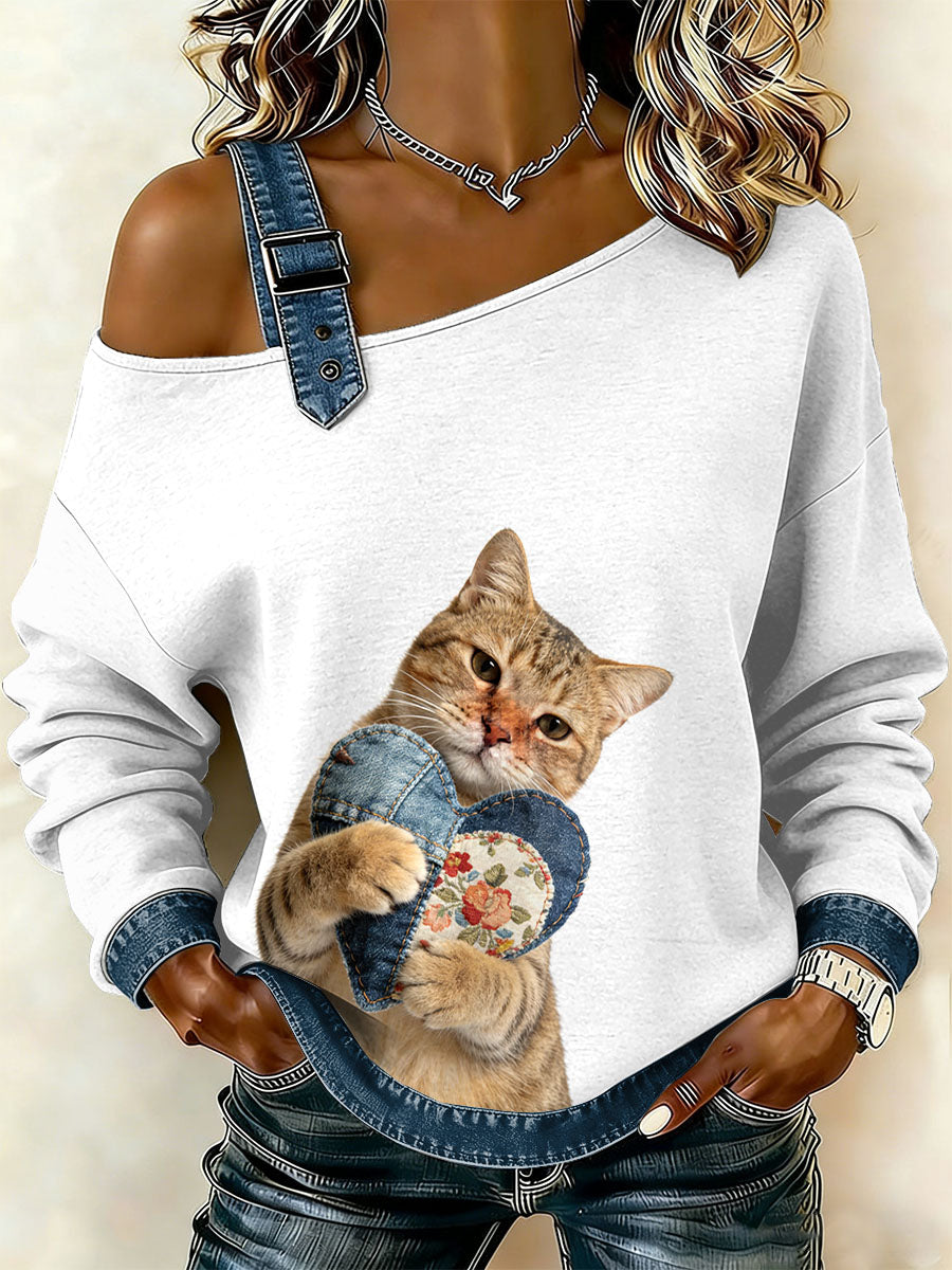 Gato Vintage Patchwork impressão Casual Off-ombro moletom feminino