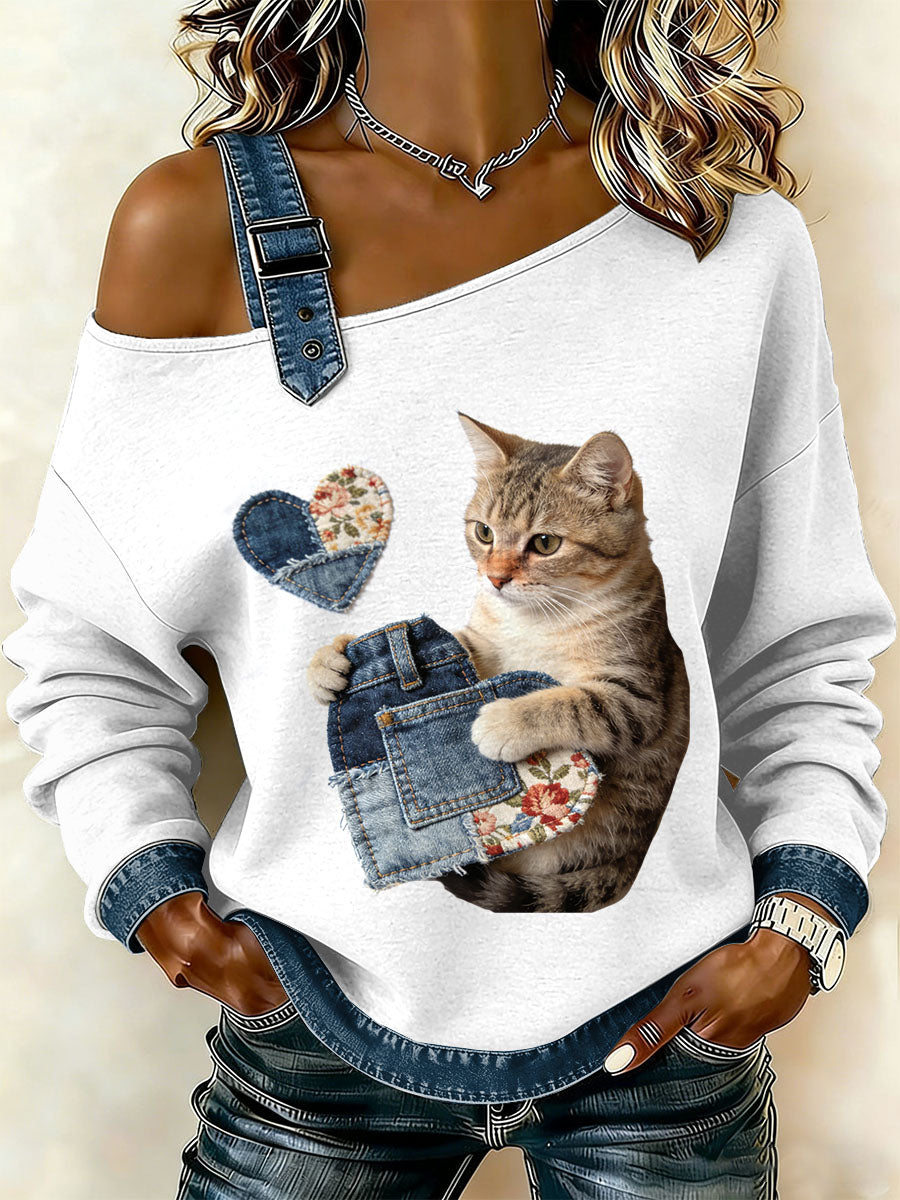Gato Vintage Patchwork impressão Casual Off-ombro moletom feminino