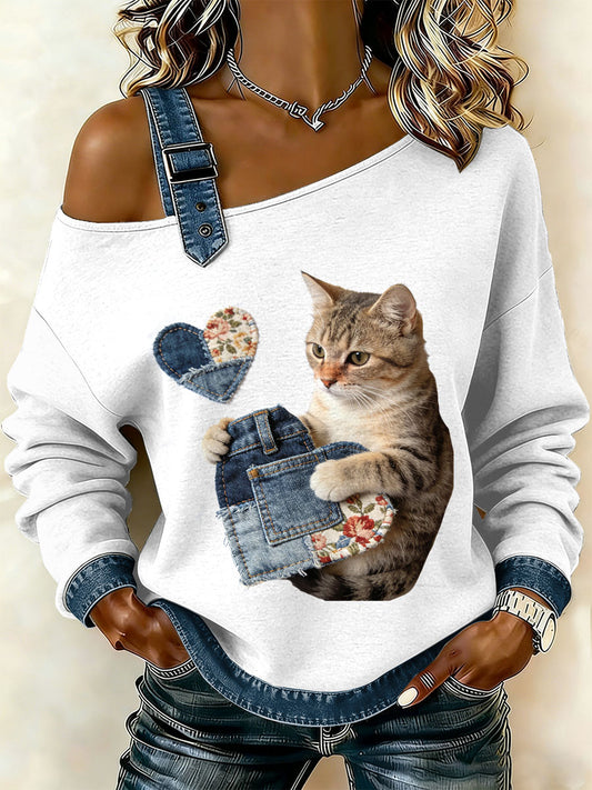 Gato Vintage Patchwork impressão Casual Off-ombro moletom feminino