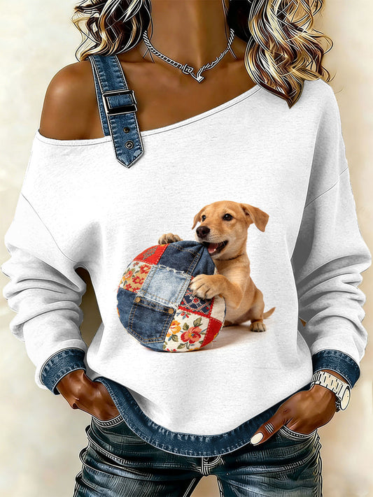Gato Vintage Patchwork impressão Casual Off-ombro moletom feminino