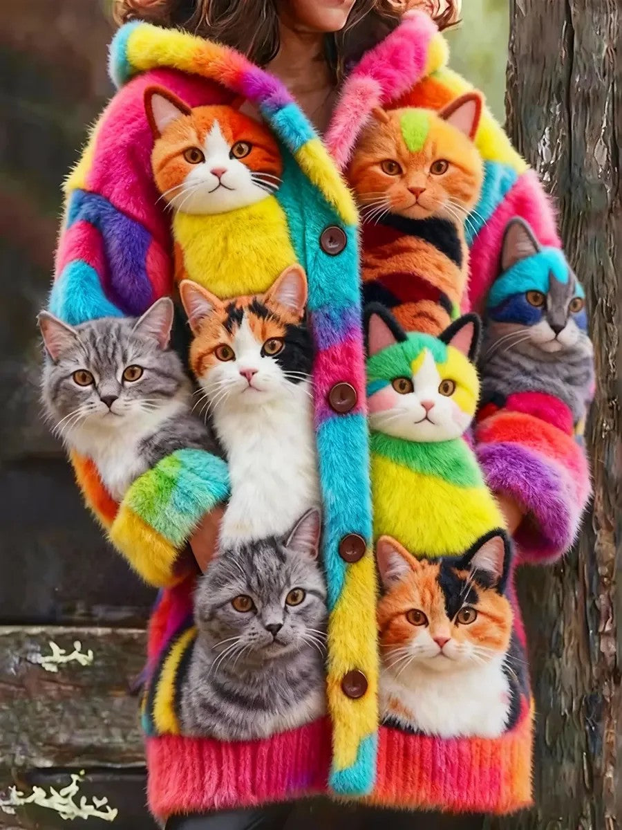 Animal gato das mulheres imprimir flanela casaco quente