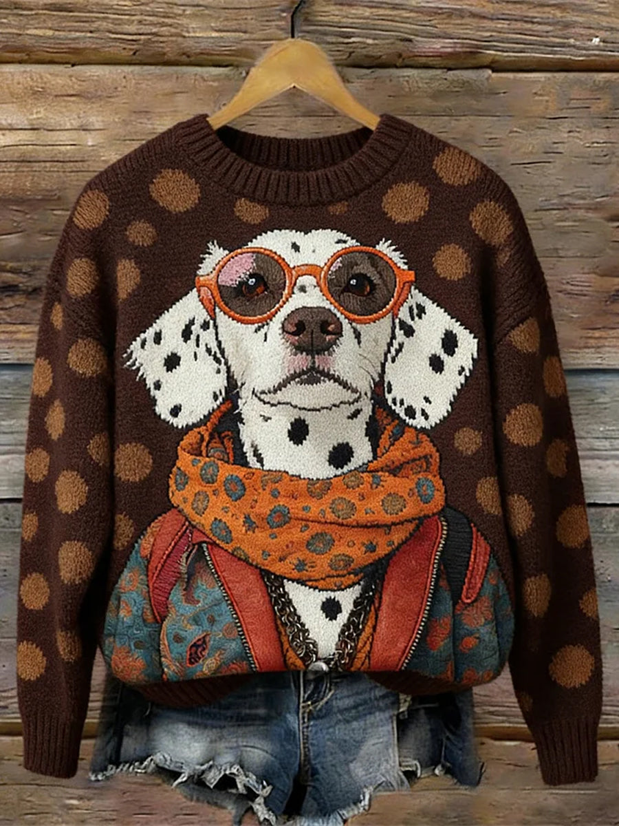 Camisola de pescoço Vintage Pet Dog padrão gola feminino