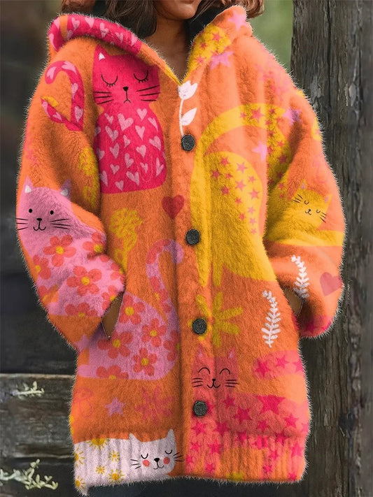 Animal gato das mulheres imprimir flanela casaco quente