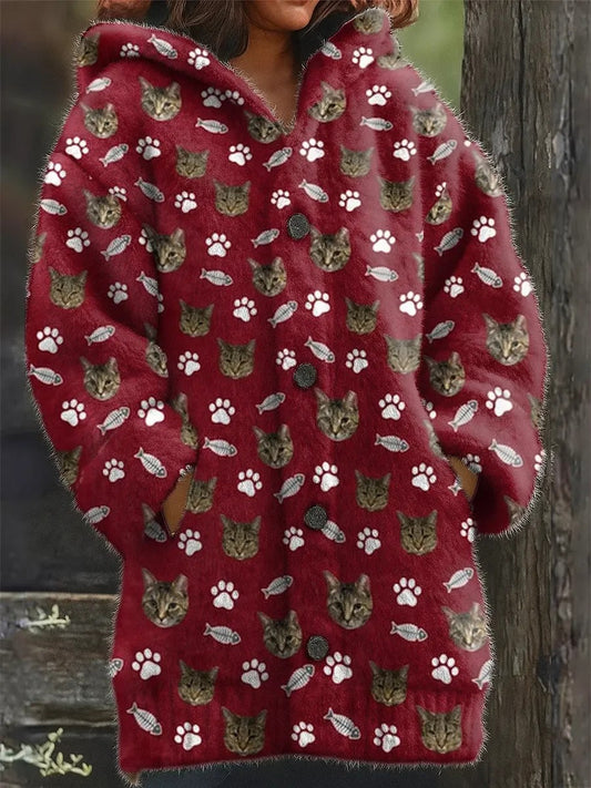 Animal gato das mulheres imprimir flanela casaco quente