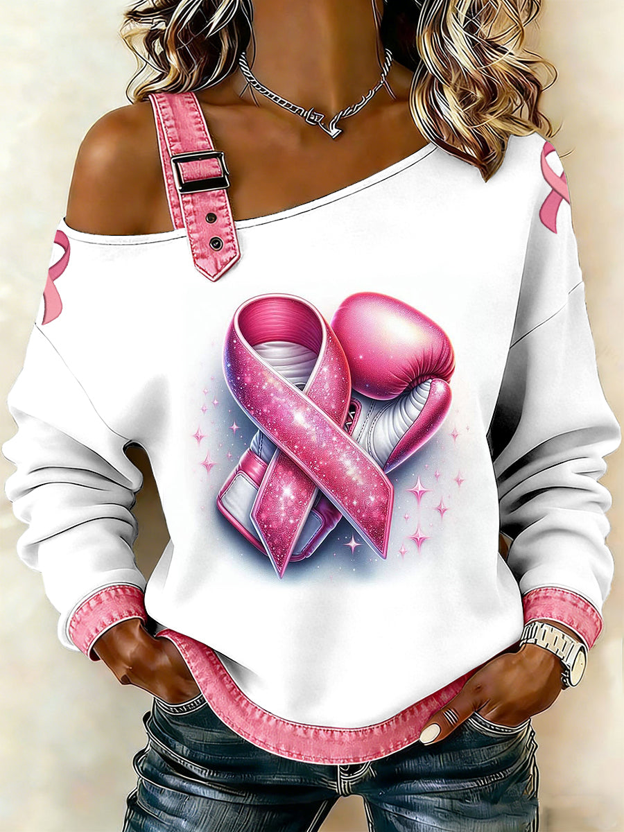 Câncer de mama feminino impresso um ombro Suspender Casual Sweater