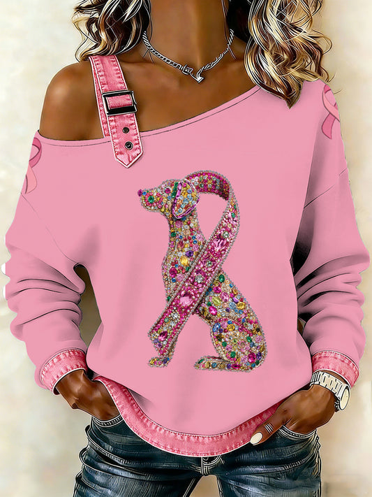 Cão de câncer de mama feminino impresso um ombro Suspender Casual Sweater