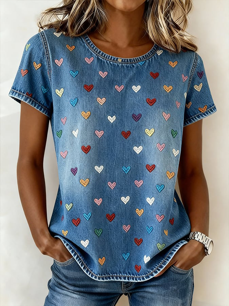 Camiseta de manga curta coração dia dos namorados feminino