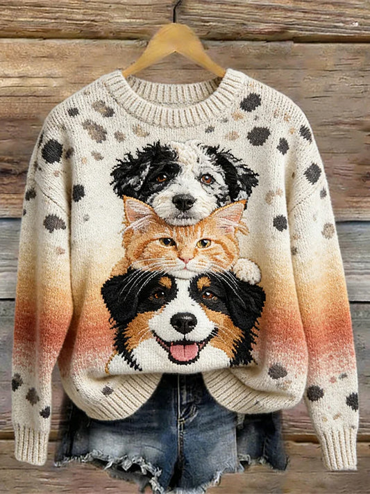 Cão de estimação bonito e gato Animal Art camisola feminino