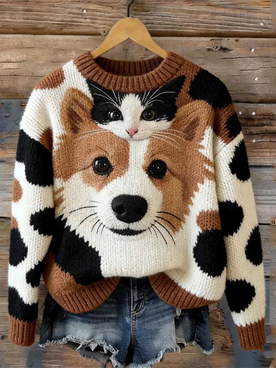 Camisola Cozy das mulheres Corgi Dog & Cat Melhores Amigos