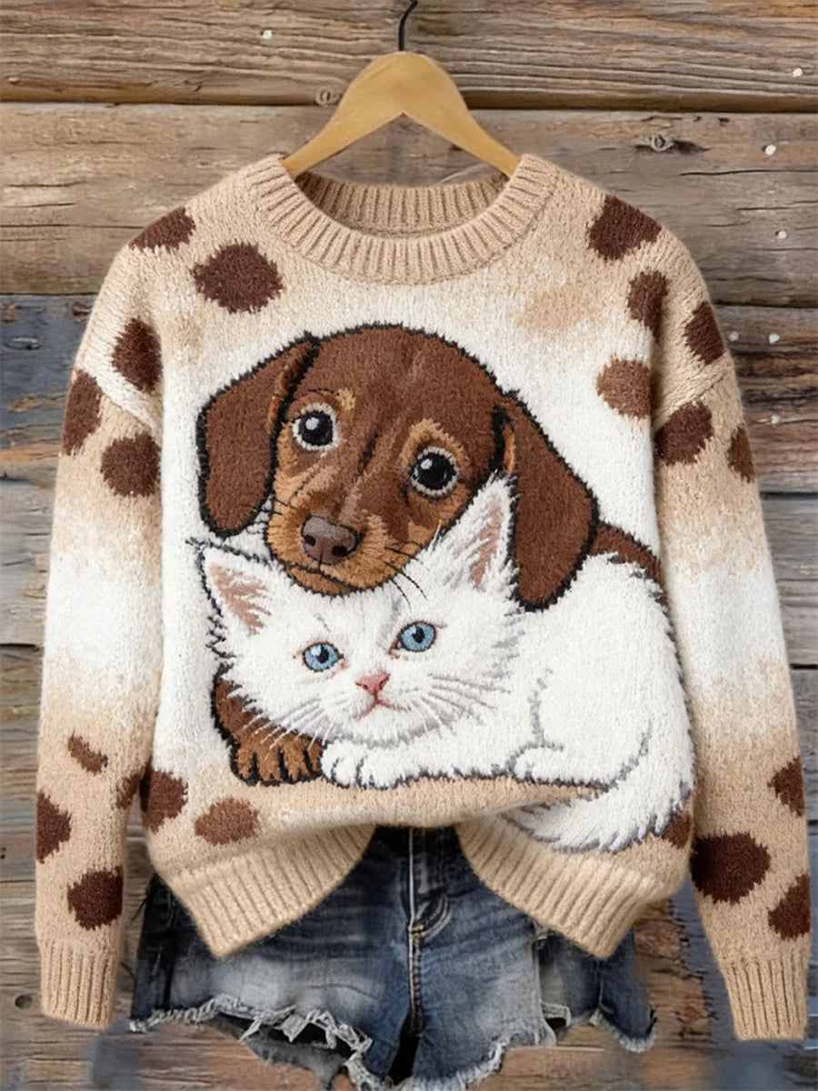 Cão bonito engraçado do Dachshund das mulheres & gato arte camisola acolhedora