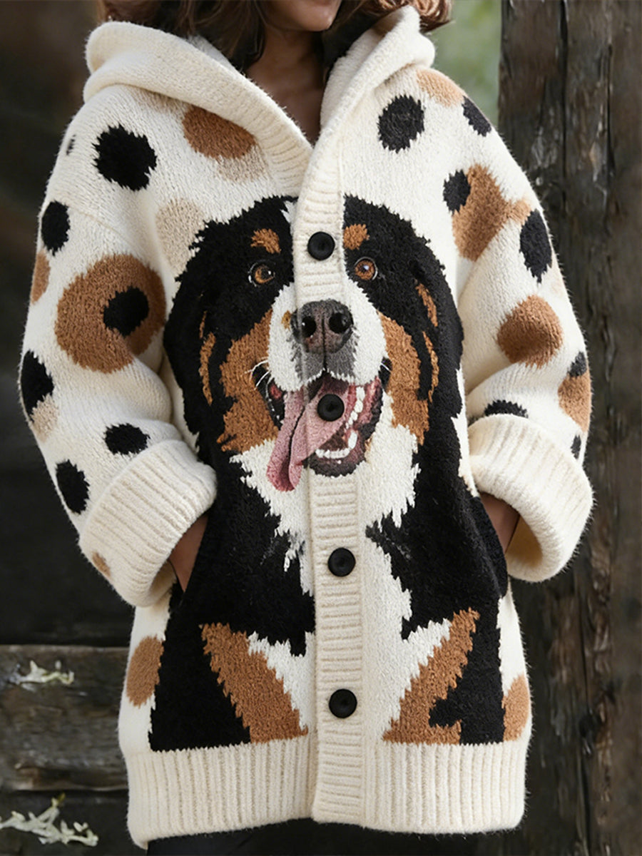 Casaco de camisola padrão cachorro bonito retro feminino