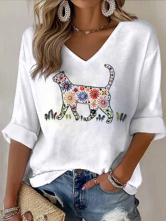 Gato Floral Masculino Imprimir Top Casual Branco