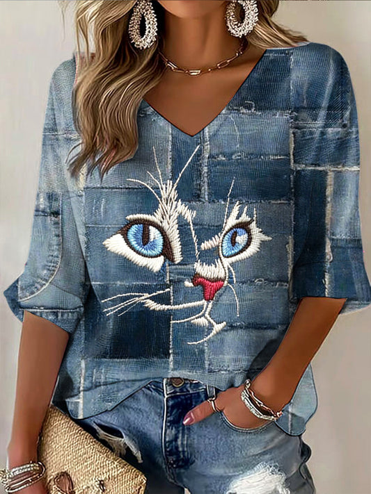 Gato Patchwork Denim-Efeito dos homens Imprimir Casual V-Neck Manga Longa